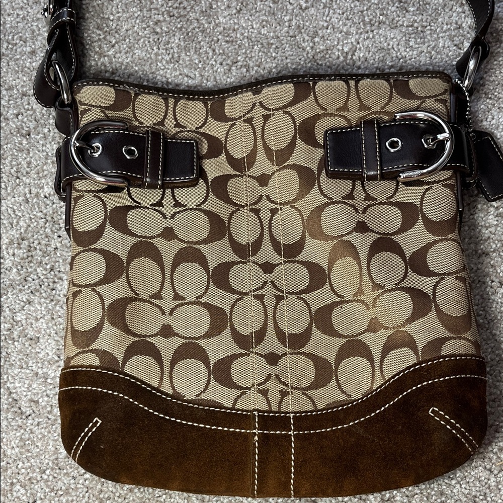 Coach Soho Signature Buckle Shoulder Bag Brown Canvas Suede Trim Leather Strap